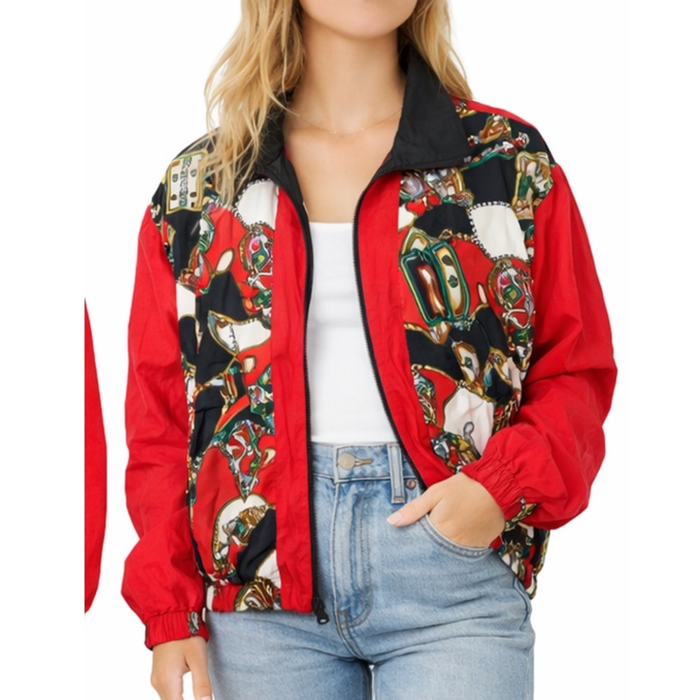 Winterset Vintage Scarf Print Zip Windbreaker Jacket Red/Black – L